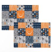 Patchwork Deer in orange,navy, grey- Wholecloth cheater quilt - baby boy nursery - broncos