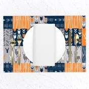 Patchwork Deer in orange,navy, grey- Wholecloth cheater quilt - baby boy nursery - broncos