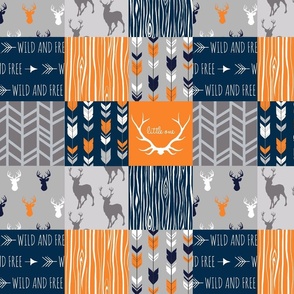 Patchwork Deer in orange,navy, grey- Wholecloth cheater quilt - baby boy nursery - broncos