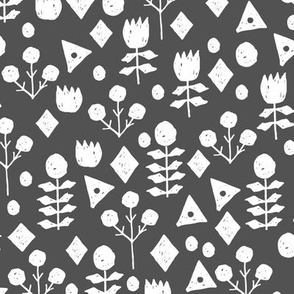 geo floral // charcoal grey floral fabric geometric simple hand-drawn design