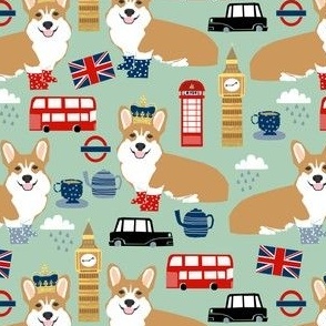 corgis in london fabric print - big ben, london bus, wellingtons british themed fabric 