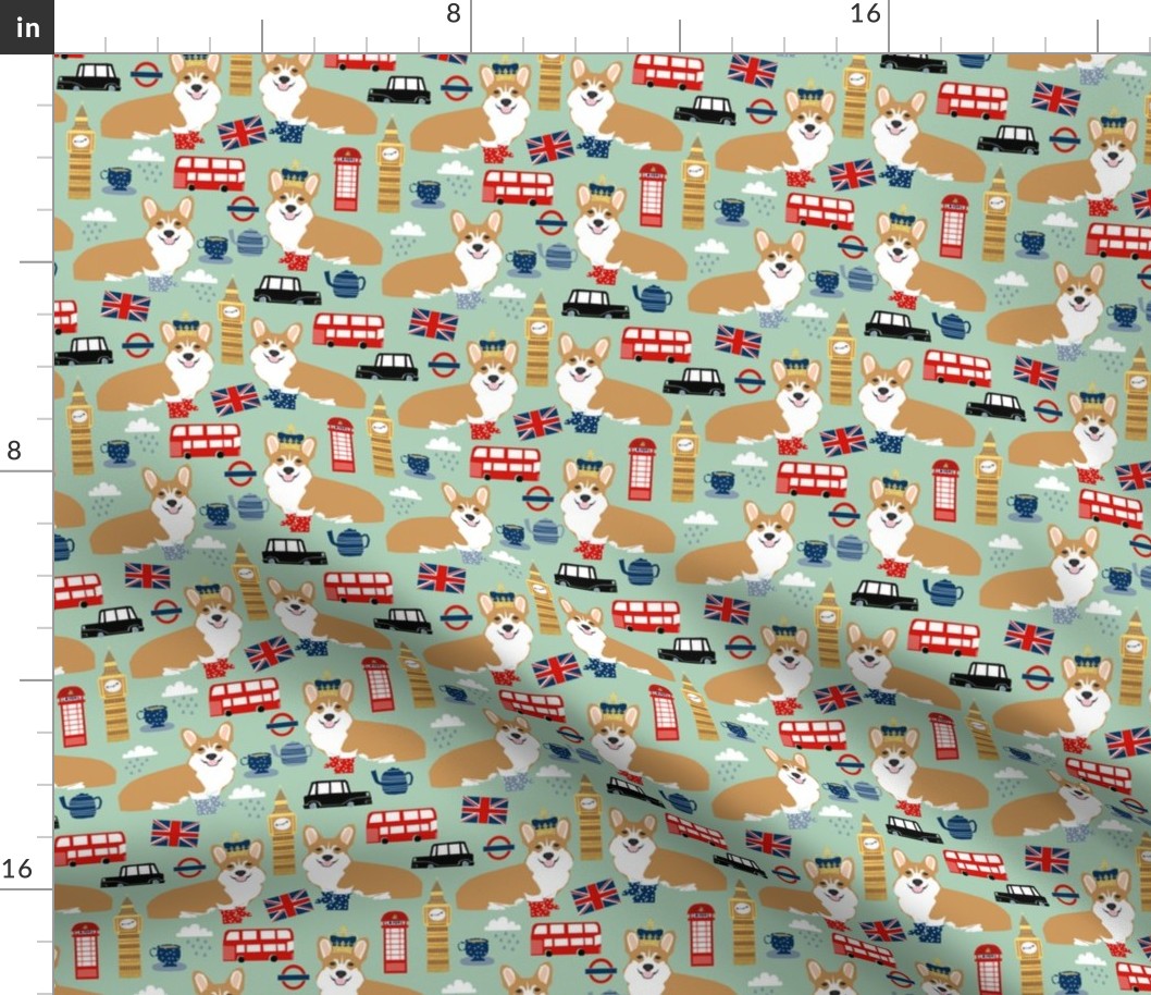 corgis in london fabric print - big ben, london bus, wellingtons british themed fabric 