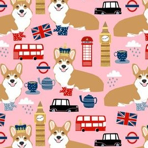 corgi in london - british corgi design wellingtons fabric london bus - pink