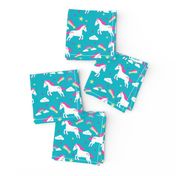 unicorn bright colors fabric rainbow clouds stars cute girls unicorn fabric turquoise