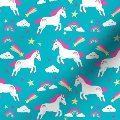 unicorn bright colors fabric rainbow clouds stars cute girls unicorn fabric turquoise