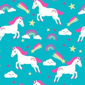 unicorn bright colors fabric rainbow clouds stars cute girls unicorn fabric turquoise