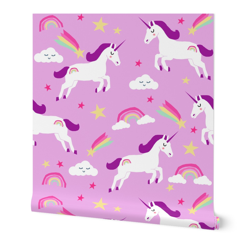 unicorn bright colors fabric rainbow clouds stars cute girls unicorn fabric purple