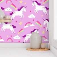 unicorn bright colors fabric rainbow clouds stars cute girls unicorn fabric purple