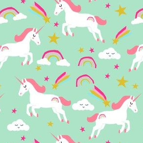 unicorn bright colors fabric rainbow clouds stars cute girls unicorn fabric mint