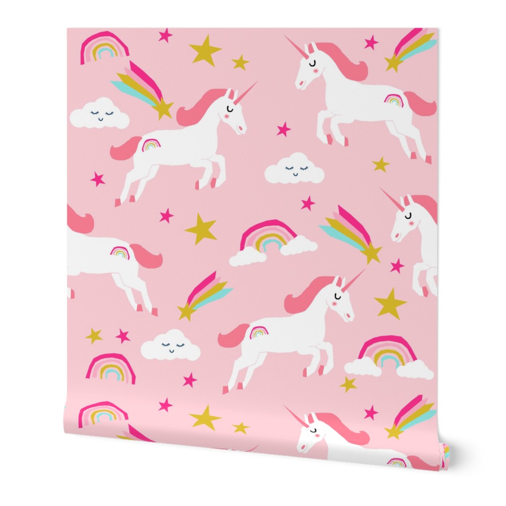 unicorn bright colors fabric rainbow clouds stars cute girls unicorn fabric pink