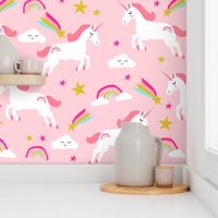 unicorn bright colors fabric rainbow clouds stars cute girls unicorn fabric pink