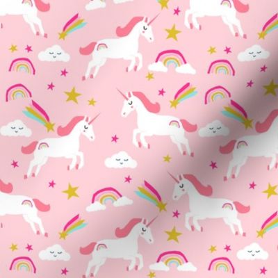 unicorn bright colors fabric rainbow clouds stars cute girls unicorn fabric pink