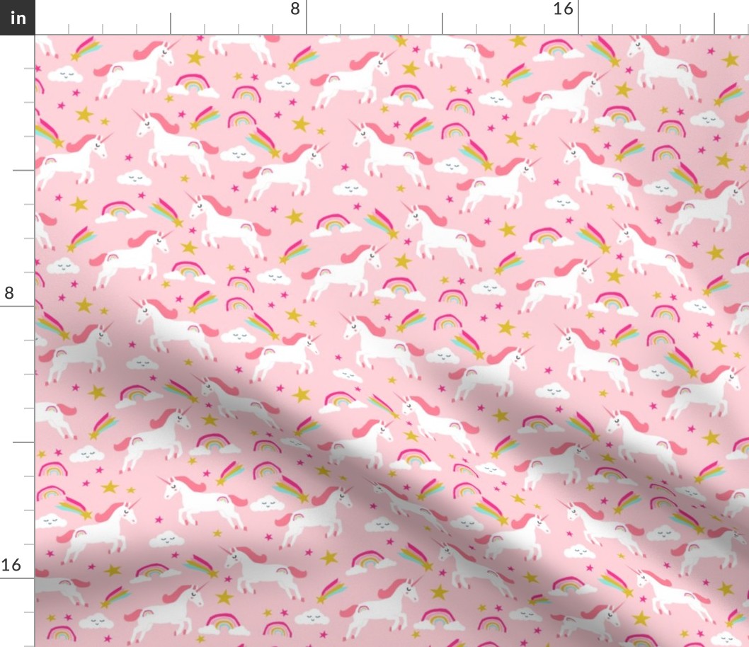 unicorn bright colors fabric rainbow clouds stars cute girls unicorn fabric pink