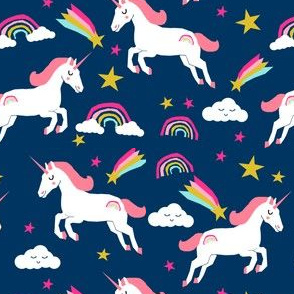 unicorn bright colors fabric rainbow clouds stars cute girls unicorn fabric navy