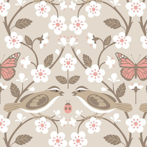 sparrow and cherry blossoms taupe and pink