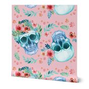  Sugar Skull Watercolor Spring Flowers Pastel Water Color Pink