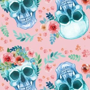  Sugar Skull Watercolor Spring Flowers Pastel Water Color Pink