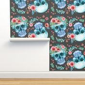 Skull Sugar Skull Watercolor Spring Flowers Pastel Water Color Dark Grey