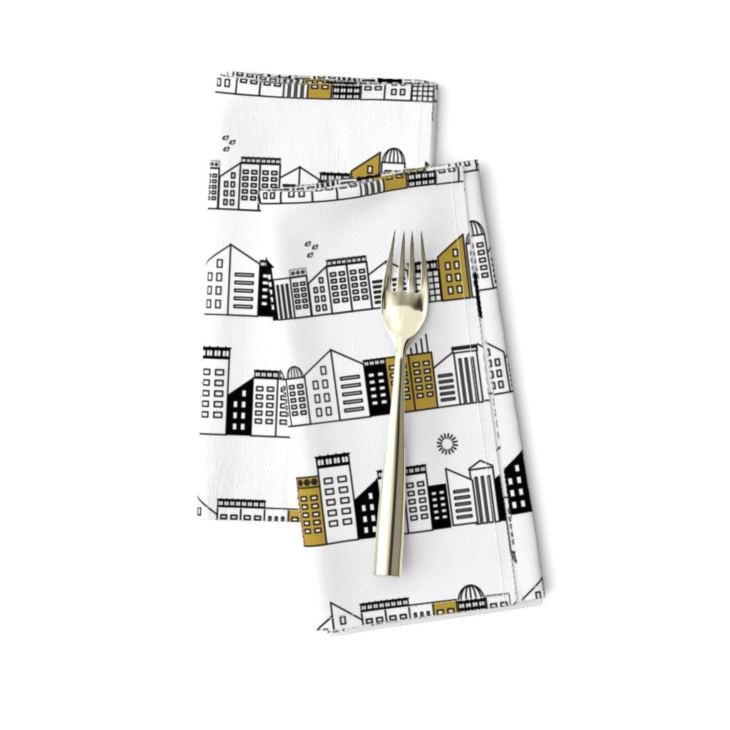 city buildings - black and white with touches of mustard
