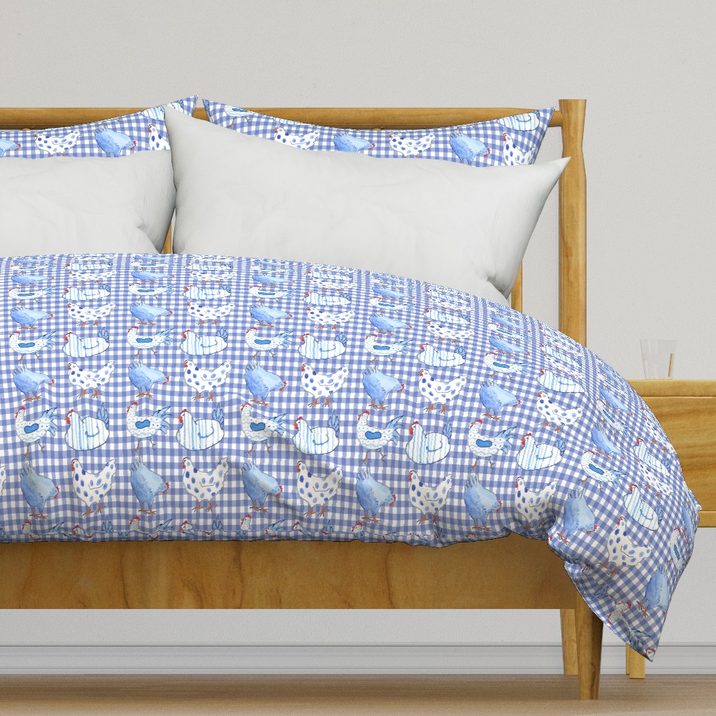 Chickens on Blue Gingham