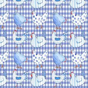 Chickens on Blue Gingham