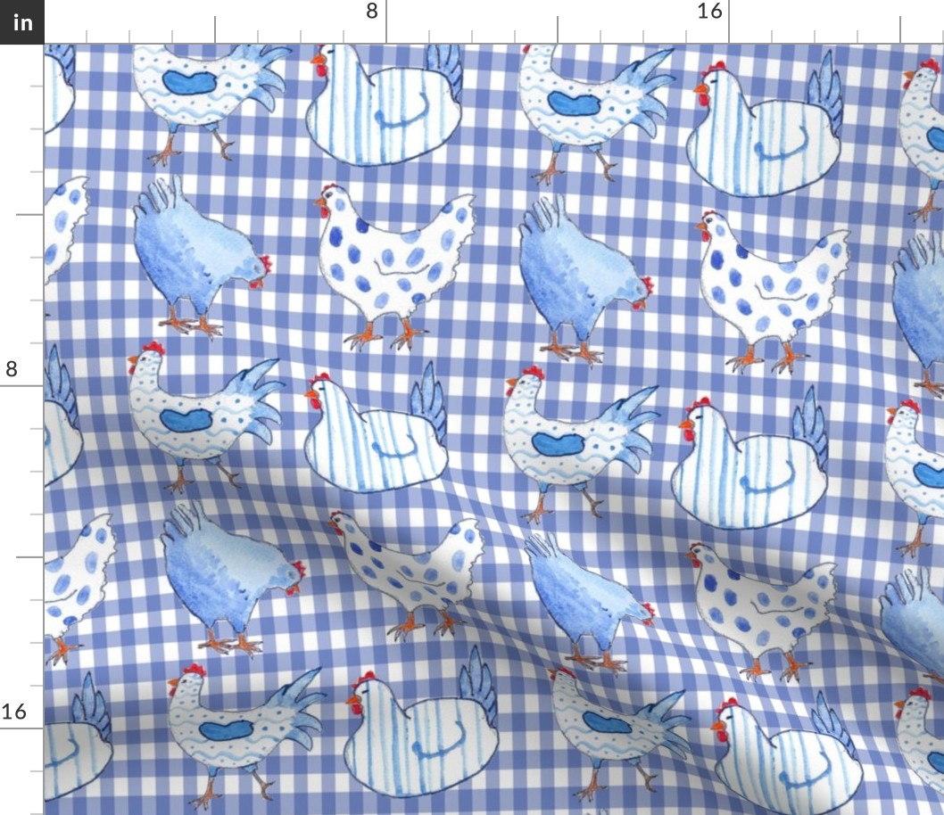 Chickens on Blue Gingham