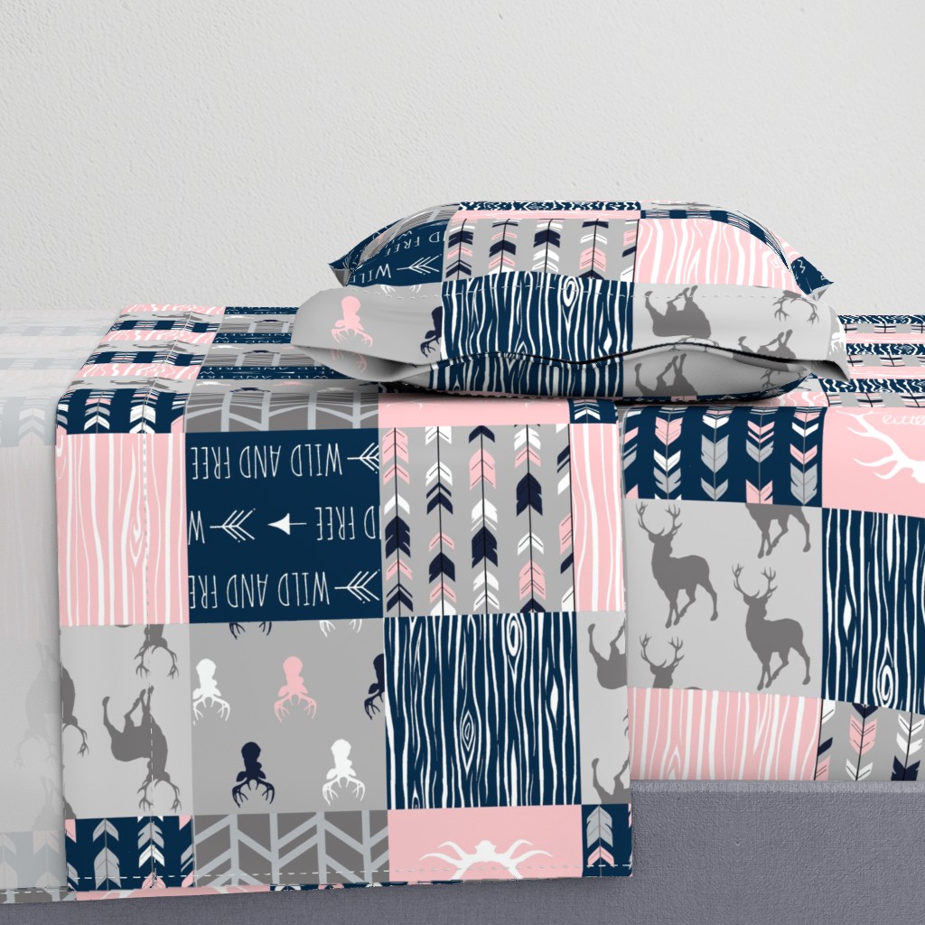 Patchwork Deer and Arrow - Littleone Wholecloth in pink, navy, grey