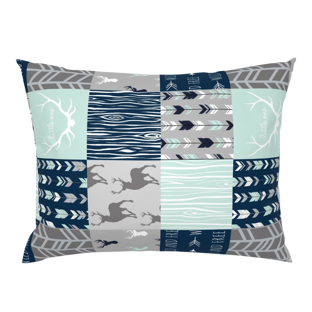 Wholecloth Patchwork Deer in navy, grey and mint. Rotated. Elk, arrows, woodgrain