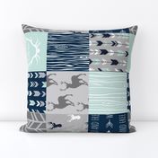 Wholecloth Patchwork Deer in navy, grey and mint. Rotated. Elk, arrows, woodgrain