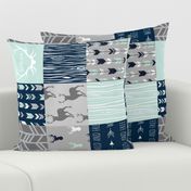 Wholecloth Patchwork Deer in navy, grey and mint. Rotated. Elk, arrows, woodgrain