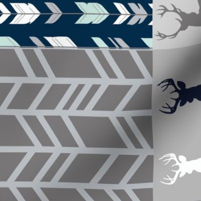 Wholecloth Patchwork Deer in navy, grey and mint. Rotated. Elk, arrows, woodgrain
