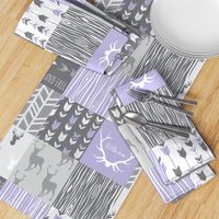 Patchwork Deer in lilac, grey, white - Wholecloth quilt - Woodland Nursery fr baby girl
