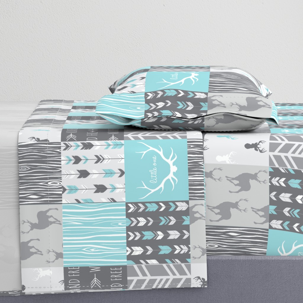 Patchwork Deer in Aqua and Grey - Wholecloth quilt