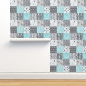 Patchwork Deer in Aqua and Grey - Wholecloth quilt