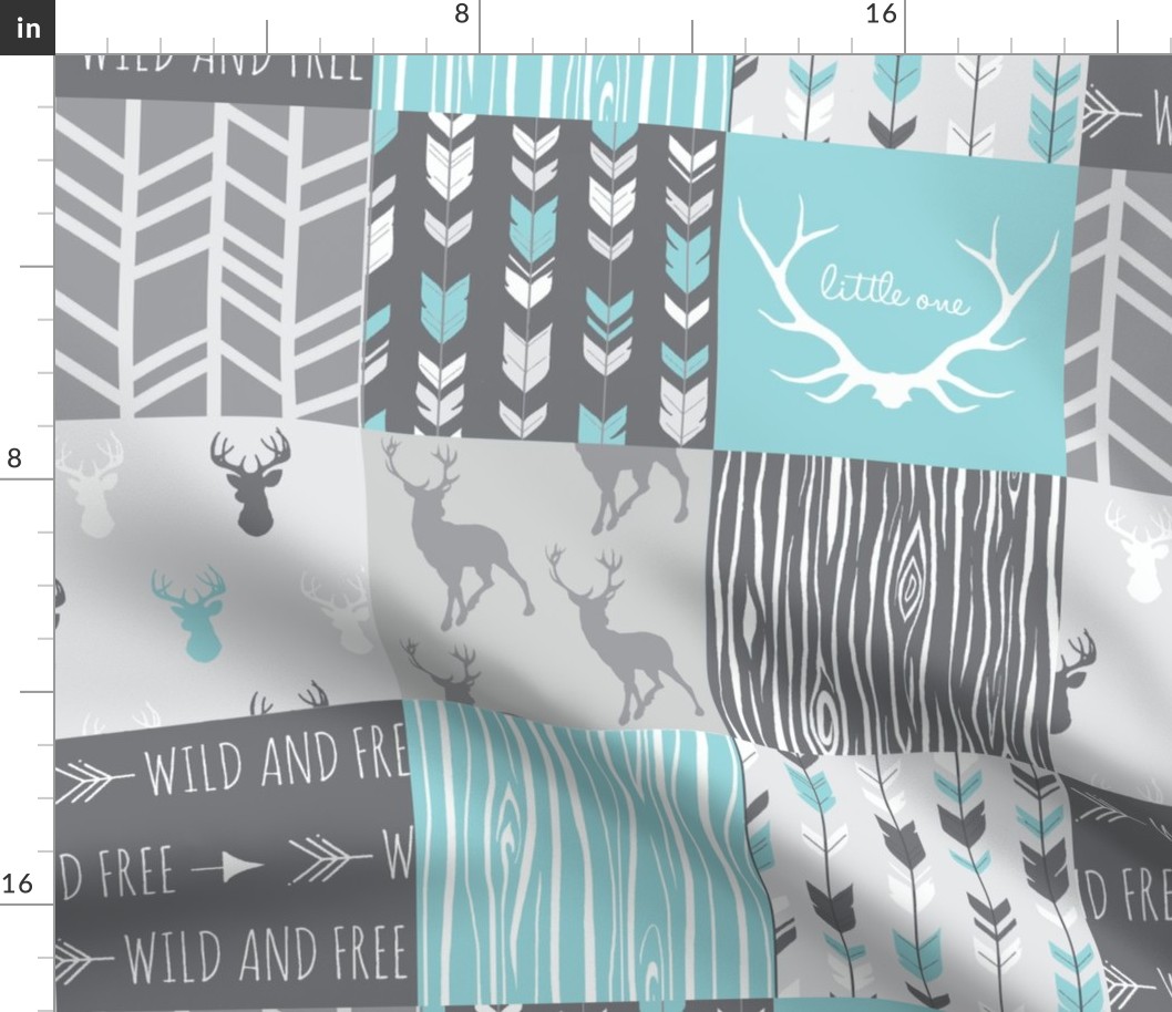 Patchwork Deer in Aqua and Grey - Wholecloth quilt