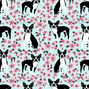 Boston Terrier cherry blossom spring florals dog breed patterned fabric light blue