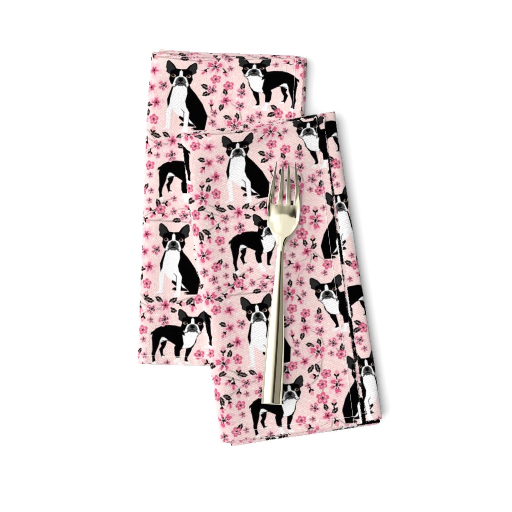 Boston Terrier cherry blossom spring florals dog breed patterned fabric pink