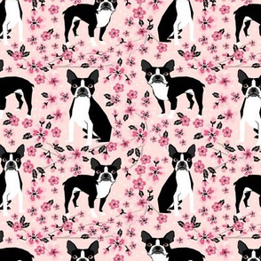 Boston Terrier cherry blossom spring florals dog breed patterned fabric pink