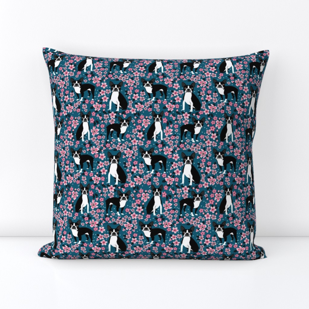 Boston Terrier cherry blossom spring florals dog breed patterned fabric navy