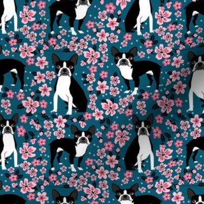 Boston Terrier cherry blossom spring florals dog breed patterned fabric navy