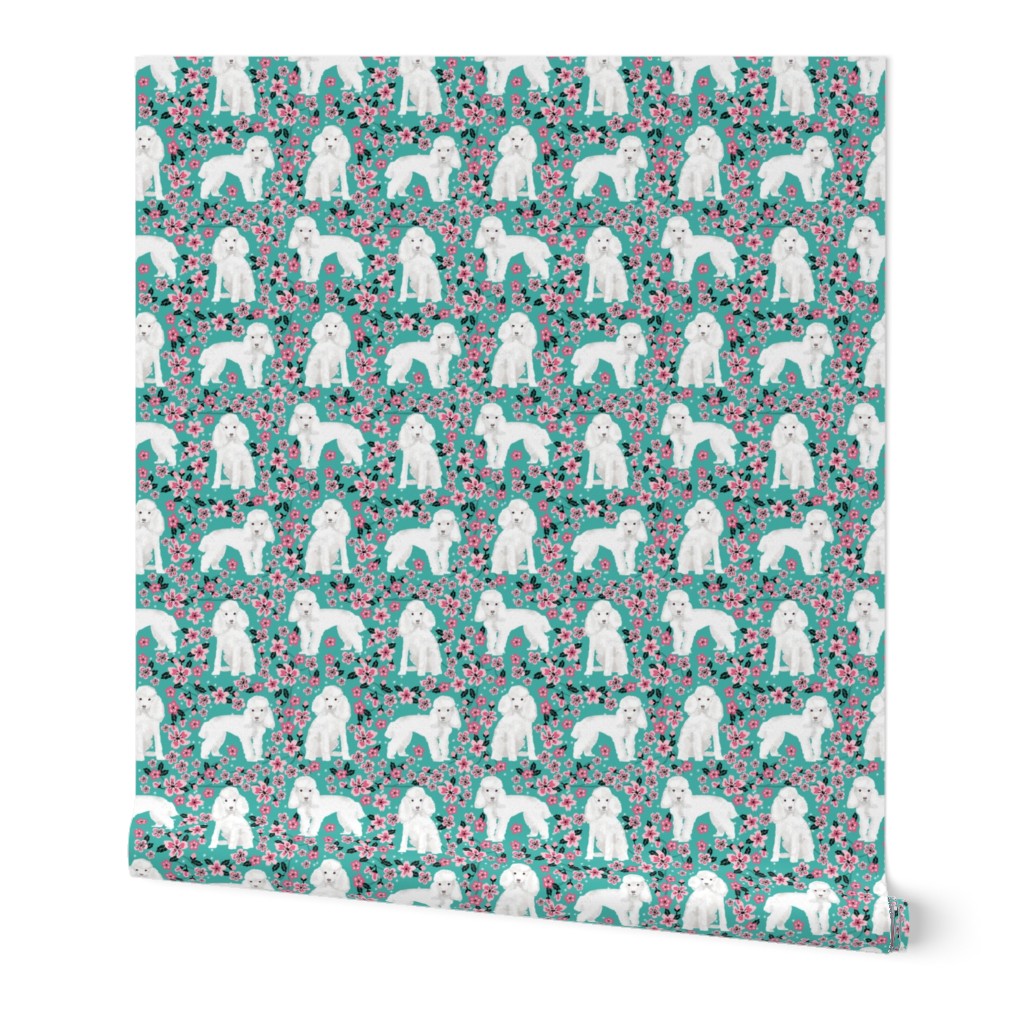 toy poodle cherry blossom fabric spring floral dogs design - turquoise