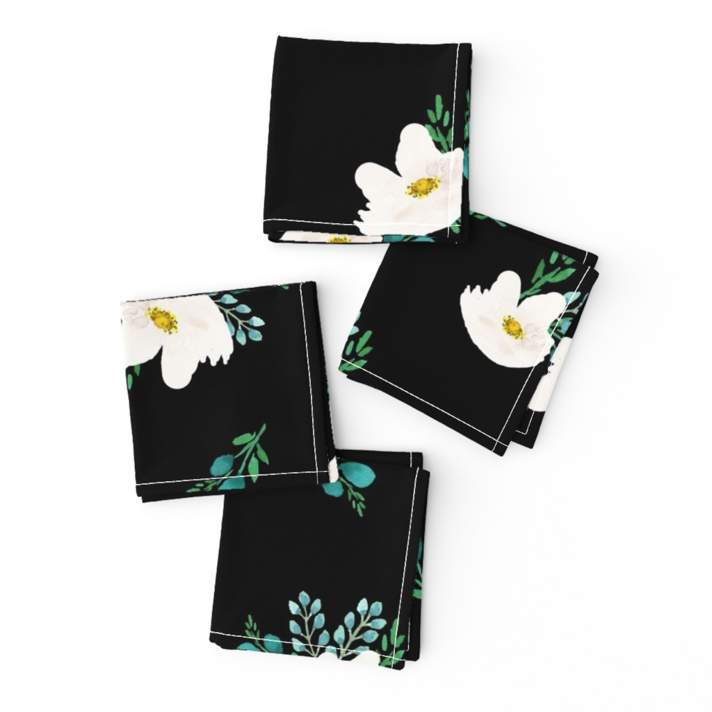 14" Flamingo Park White & Aqua Flowers / Black Background