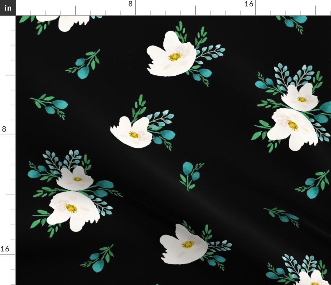 14" Flamingo Park White & Aqua Flowers / Black Background