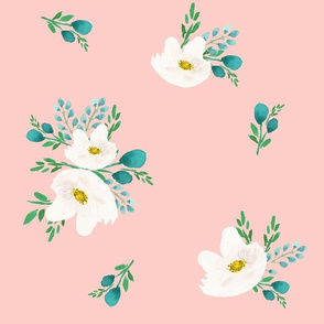 14" Flamingo Park White & Aqua Flowers /Dark Pink Background