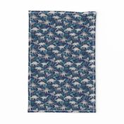 Dinosaur Jungle Dark Blue Purple Background small print