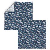 Dinosaur Jungle Dark Blue Purple Background small print