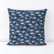 Dinosaur Jungle Dark Blue Purple Background small print