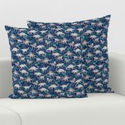 Dinosaur Jungle Dark Blue Purple Background small print