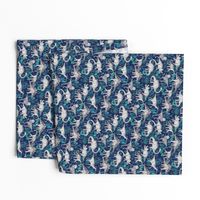 Dinosaur Jungle Dark Blue Purple Background small print