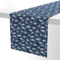 Dinosaur Jungle Dark Blue Purple Background small print